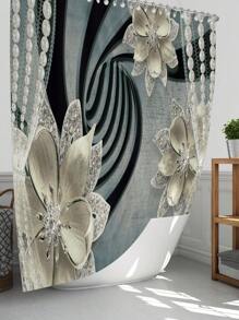 1 pièce/4 pièces Set de décoration de salle de bain multifonctionnel avec fleurs strass - Rideau de douche avec 12 crochets, tapis de bain, tapis en forme de U, couvercle de toilette rond, convient à tous les environnements de salle de bain, retour à l'école