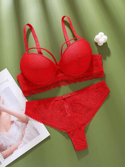 Conjunto de sutiã e calcinha acolchoados de renda francesa romântica e elegante, conjunto de lingerie feminina confortável em cores contrastantes