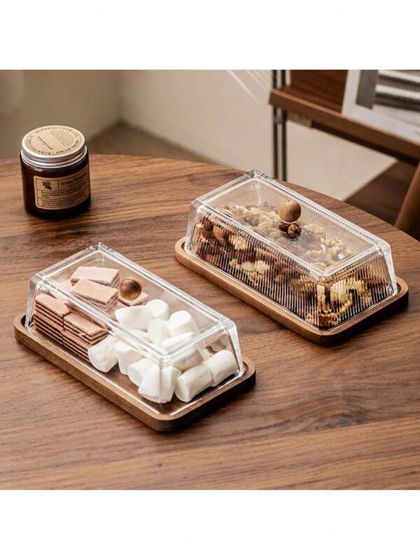 1pc Luxurious Wooden Fruit Plate With Glass Cover, Elegant Fruit/Candy/Snack Tray For Living Room Coffee Table, Minimalist Style