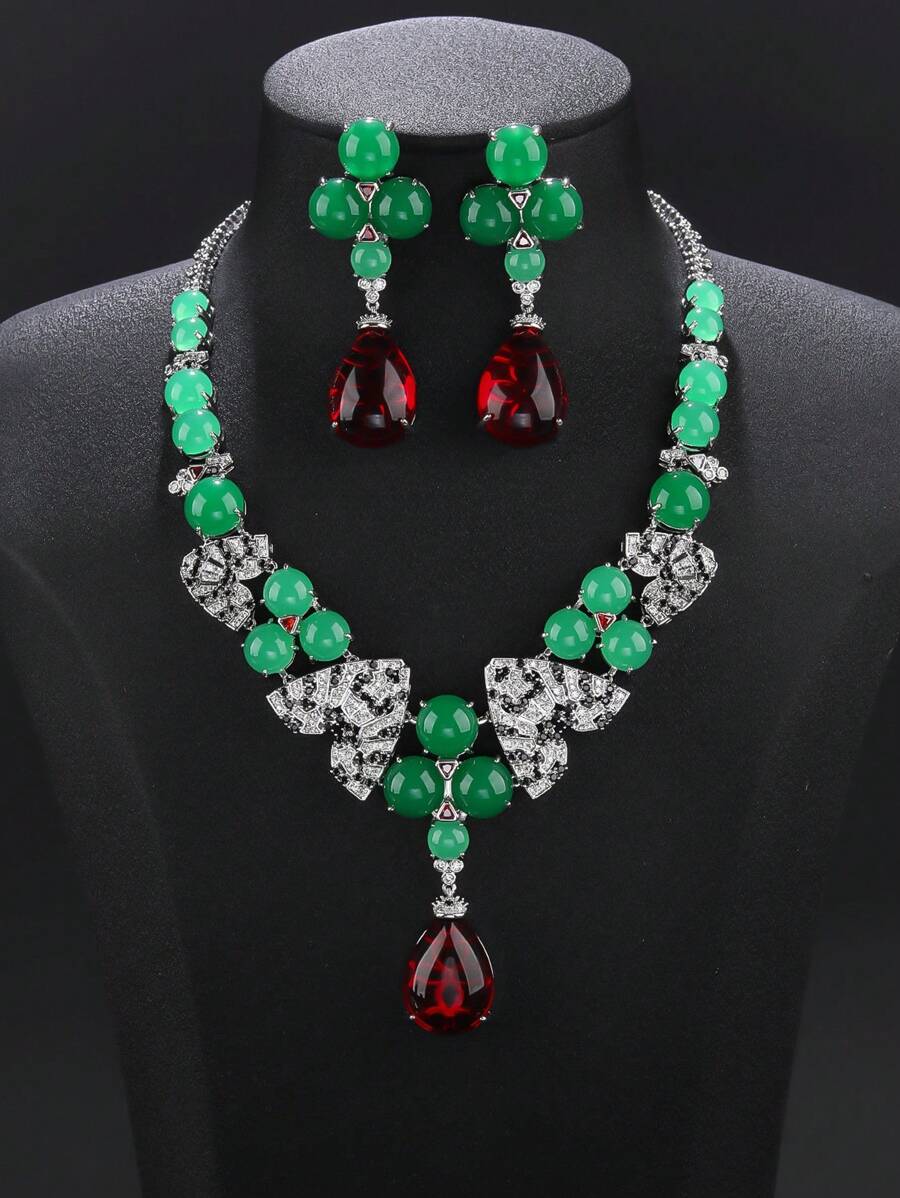 1 Set Of 3pcs Luxurious Cubic Zirconia Necklace & Earrings Jewelry Set, Fashion Personalized Necklace Accessory Suitable For Formal Dress, Party, Valentine's Day, Holiday Gift