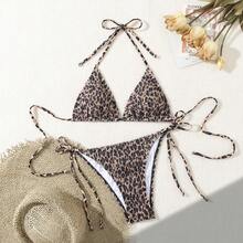 Bikini de dos piezas con estampado de leopardo fruncido y cuello halter, conjunto de baño con tiras de amarre estilo europeo, bestseller todo el año para fiestas en la playa - Marrón y negro - Ver 3