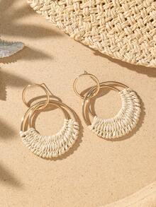 1 对波西米亚风格拉菲草环状耳环，海滩度假配饰，蓝色、粉色、米色，适合日常佩戴或度假