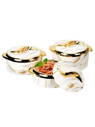 3pcs, Golden Touch Food Warmer, Thermal Casserole Dish Set With Lids, Insulated Stainless Steel Container For Hot & Cold Food, Serving Bowl For Buffets, Hot Pot Sets Food Warmer, Hot Pot Food Warmer Set, Tableware Casseroles Set, For Office