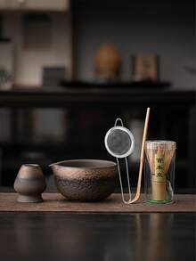 4pcs/5pcs Japanese Vintage Glazed Ceramic Matcha Tea Set, Including Matcha Bowl With Spout, Bamboo Matcha Whisk, Matcha Scoop, Whisk Stand, Stainless Steel Sifter (For Matcha Tea Ceremony), Gift Back To School