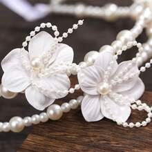 2pcs/Set Women's Handmade Floral Pearl Headband & Earrings Bridal Hair Accessories, Shiny White Flower Headpiece & Earclips Wedding Dress Decor