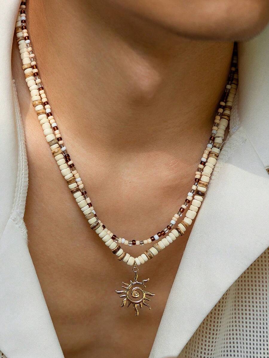 Seashell Necklace, Men's Surfer Necklace, Wood Beaded Necklace, Coconut Shell Necklace, Beach Necklace, Hawaii Summer Necklace, Beach Jewelry - White - View 1