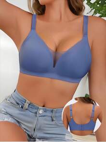 Conjunto de lencería para mujer con patchwork de encaje, sujetador sin aros de unicolor no caído, color azul claro refrescante - Azul - Ver 4