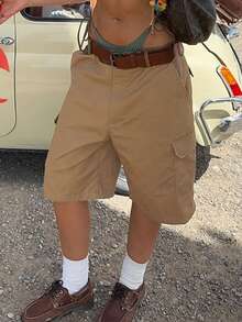 Women's 1 Piece Khaki Cargo Pocket Utility - Style Casual Shorts For Daily & Outdoor Activities In Summer - Khaki - View 3