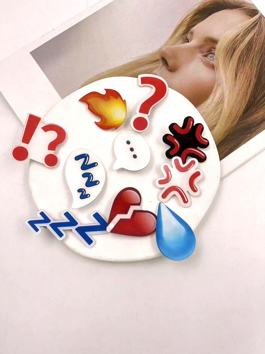10 件可爱表情亚克力汗水、愤怒和燃烧的情绪表达发夹侧刘海发饰发夹爪夹发夹发夹发夹，头发夹，学校用品 - 彩色 - 查看 1