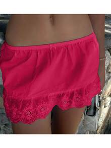 Women Y2K Sheer Lace Ruffle Mini Skirt Low Rise Mesh Ruffle Hem Shorts Fairy Micro Skirt Coquette Going Out Beachwear - Red - View 2