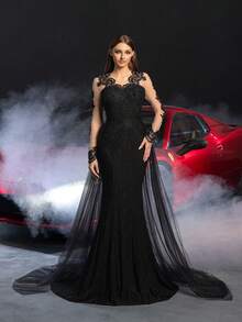 Luxury Bridal Wedding Dress | Sheer Sleeves And Intricate Back Embroidery - Fluffy Sheer Train, Ideal For Red Carpet Events, Bridal Receptions, Dreamlike Galas, And Charming Photoshoots - Black - View 1