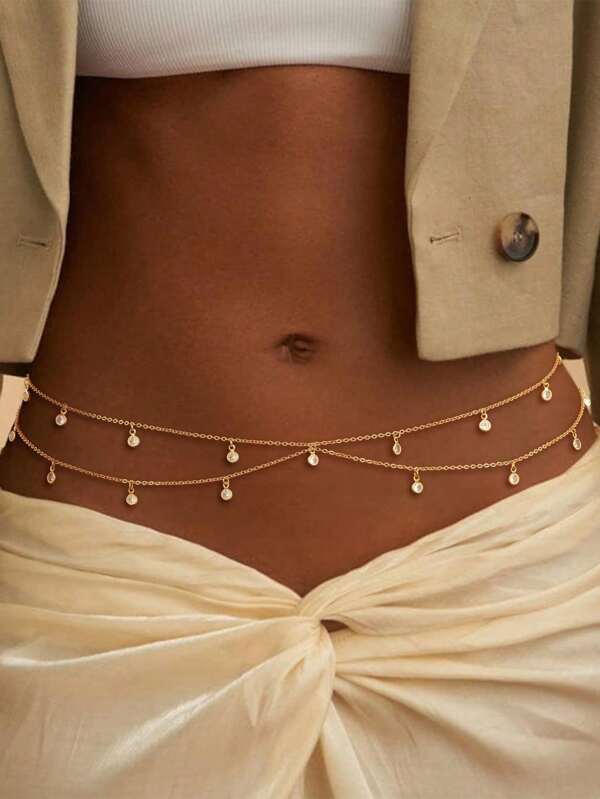 1 Piece Multi-Layered Beaded Sexy Silver Gold Waist Chain Beads Belly Chain Crystal Stomach Chain Rhinestone Adjustable Bikini Waist Body Chain Belt Belly Jewelry Summer Beach Vacation Party Accessories For Women And Girls