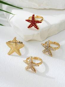 4pcs Fashion Classic Casual Crystal Pearl Starfish Adjustable Ring Set, Gift For Wife Friends, Can Be Worn For Beach, Party, Commute