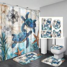 1pc/4pcs Sea Turtle, Sea Star, Seaweed, Coral Pattern Multifunctional Bathroom Waterproof Shower Curtain With 12pcs Hooks, Bathroom Non-Slip Mat, U-Shape Floor Mat And Toilet Lid Cover, Bathroom Set For All Scenarios Bathroom Accessories Back To School