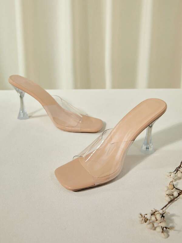Women's Fashion Transparent High Heel Sandals, Clear Crystal Heels, Peep Toe Design, Transparent Straps, Comfortable And For Outdoor Wear