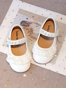 1Pair Of Girls Pearl And Lace Embellishments Faux Leather Material None Round Toe Low Top Hook And Loop Strap Flat Sole Sweet And Elegant Style Princess Shoes Parties, Weddings, Photo Shoots And Other Occasions Baby Flats