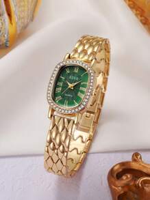 1 Stück XSVO authentische Luxus Damen Armbanduhr aus Stahl mit Strass besetztem Zifferblatt, modisches und elegantes Römische-Ziffern Design