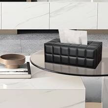 Black Checkered Rectangular Large Size Pu Leather Tissue Box Cover For Dining Table Home Bathroom Decor Bathroom Organizer Fall Decor Back To School - Black - View 3
