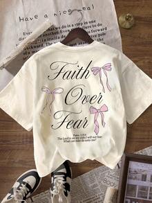 Camiseta de mujer de manga corta con cuello redondo, estampado gráfico de frase y lazo rosado - albaricoque claro - Ver 3