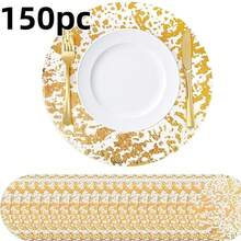 12/24/50/100/150 Stücke 33cm rundes Einweg-Besteck-Set in Goldfarbe, elegante Folie Tisch-Deko, geeignet für Hochzeit, Party, Veranstaltung, Weihnachten, Thanksgiving, Geburtstag, Abschluss, Candle-Light-Dinner, Valentinstag und Single-Party