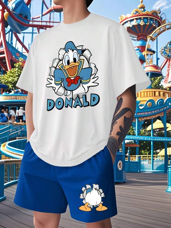 Disney Set de 2 piezas de camiseta de manga corta y pantalones cortos con estampado de Donald Duck de Disney para hombres, conjunto de pijama casual de verano para el hogar