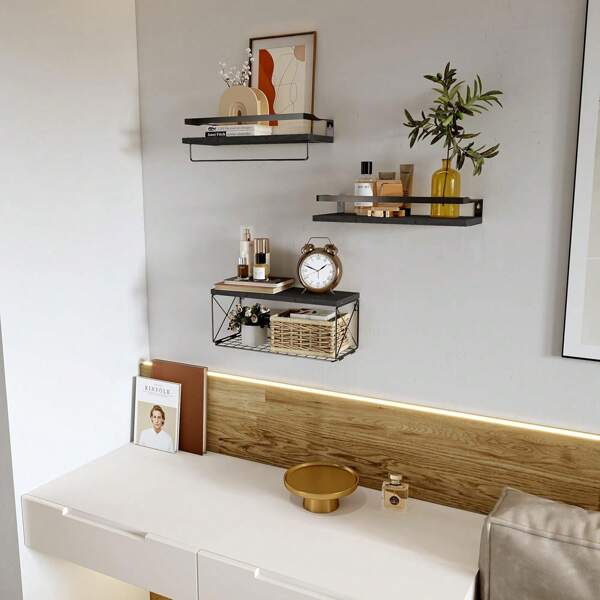 Country Style Floating Shelves Wall Mounted, Rustic Wooden Bathroom Rack With Paper Storage Basket, Wall Decor For Bedroom, Living Room, Kitchen And Bathroom