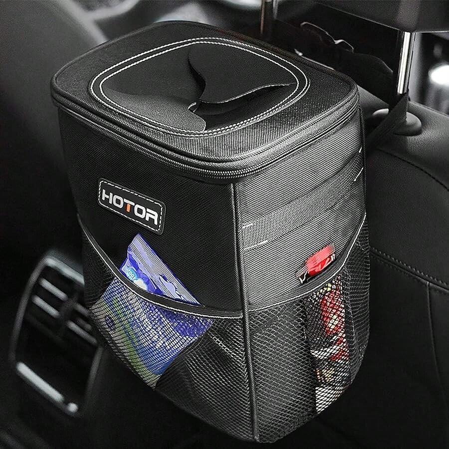Car Trash Can With Lid And Storage Pockets - 100% Leak-Proof Organizer,  Waterproof Garbage Can,  Multipurpose Trash Bin For Car,  2 Gallons,  Black