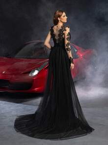 Luxury Bridal Wedding Dress | Sheer Sleeves And Intricate Back Embroidery - Fluffy Sheer Train, Ideal For Red Carpet Events, Bridal Receptions, Dreamlike Galas, And Charming Photoshoots - Black - View 2