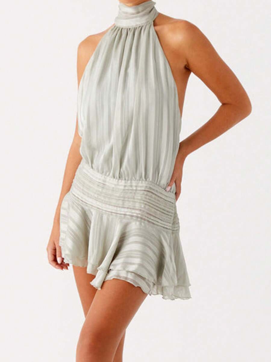 Women's 2025 Summer Halter Dress Sleeveless Open Back Ruffle Tiered Layered Chiffon Pleated A Line Swing Mini Dress Beach Vacation Dress Clothes