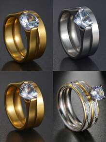 1 Pc Stainless Steel 6mm Bling Zirconia Wedding Couple Rings For Women Men Lovers Gold Color Jewelry Sets Engagement Gift