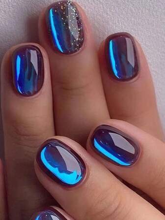 Short Galaxy Blue Flash Aurora Nail Stickers, Wearable Nails (Glue Type, 24pcs Per Pack)