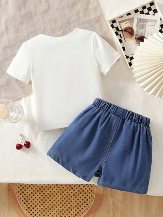 女童幼儿时尚可爱樱桃蝴蝶结装饰短袖上衣 + 休闲樱桃刺绣牛仔长裤短裙 2 件套