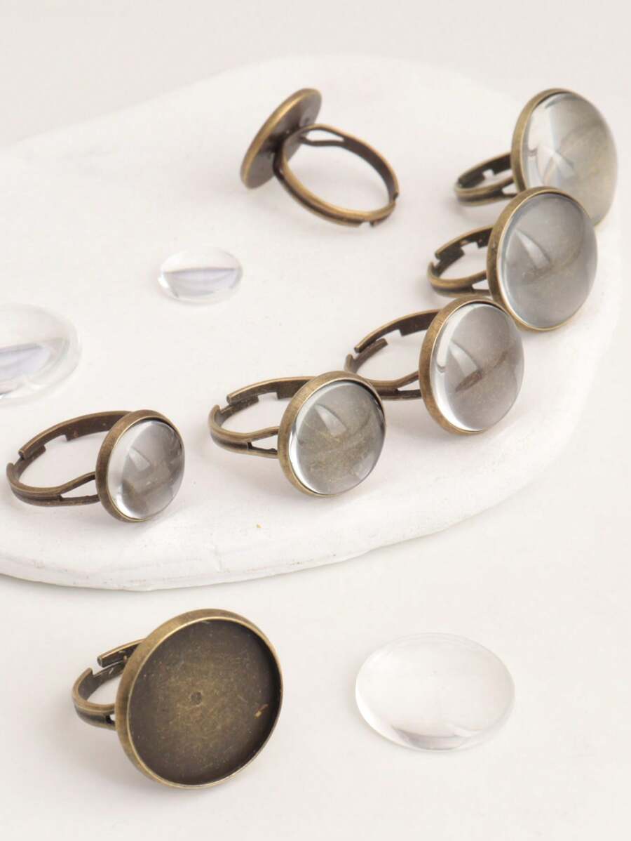 20pcs Minimalist Bronze Tone Metal Ring Base Settings Fit 1.2/1.4/1.6/1.8/2.0cm Adjustable Ring Sizer, Blank Ring Base With Round Clear Rhinestone