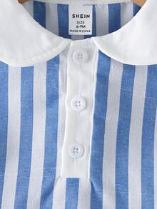 Set de 2 cămașă cu mânecă scurtă, cu guler bleumarin, dungi, cu jumătate de fantă, și pantaloni scurți de culoare uni pentru bebeluși băieți, la modă, casual, potrivit pentru purtare zilnică de vară și vacanță - Multicolor - Vizualizare 7