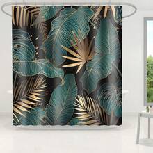 1pc - Abstract Palm Leaf Tropical Shower Curtain Set, Emerald Green Black Golden Modern Plant Hawaiian Shower Curtain With 12 Hooks, Non-Slip Bathroom Floor Mat, Toilet U-Shaped Mat, Cover Mat, Bathroom Accessories Home Decoration Back To School