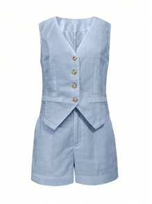 Conjunto de chaqueta y pantalones cortos de lino sin mangas informal/de verano para mujer