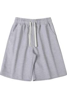 Men's Casual Light Grey Drawstring Knit Shorts, Regular Fit Elastic Waist Athletic Pants, Sports Jogger Pants For Men