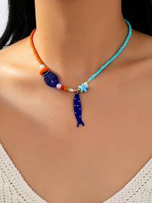 1 件手工制作的夏日沙滩项链，配有沙丁鱼吊饰，女士波西米亚风格度假珠宝配饰 - 彩色 - 查看 1