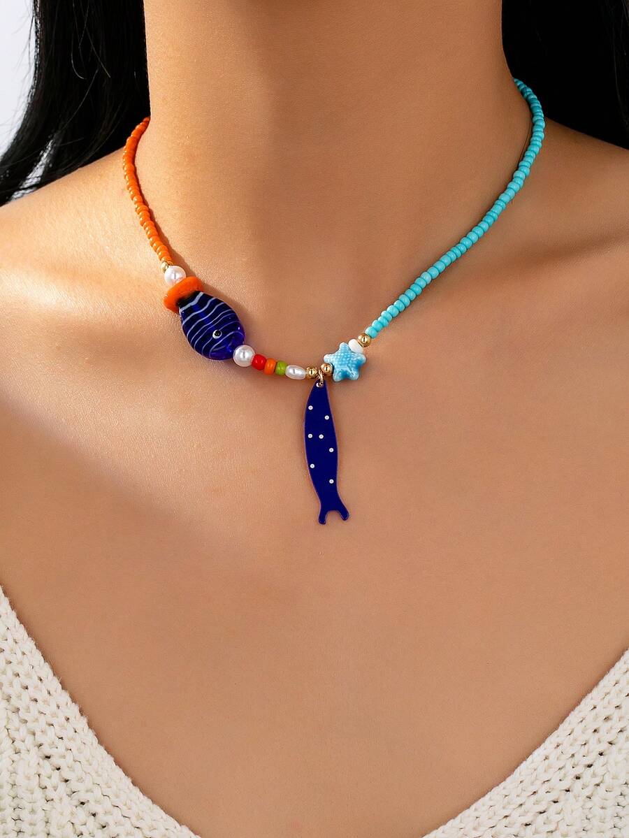 1 件手工制作的夏日沙滩项链，配有沙丁鱼吊饰，女士波西米亚风格度假珠宝配饰 - 彩色 - 查看 1