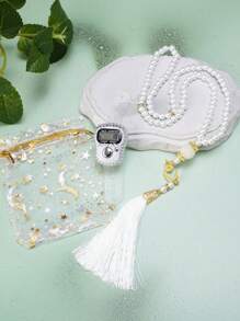 Juego de rosario musulmán y pulsera Tasbih empaquetado en una bolsa de regalo, con contador de anillo de diamante para mano