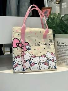 Sanrio 1 Stück Hello Kitty Kosmetiktasche Damen Große Kapazität Einkaufstasche, Reise-Schultertasche, Große Kapazität wiederverwendbare Einkaufstasche faltbar, Damen Segeltuch Tragetasche mit Uhrenarmband - Reißverschluss, Polyester Futter