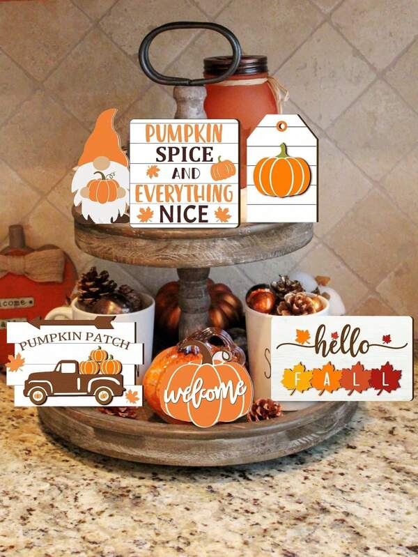 11Pcs/Set Hello Fall Wooden Tiered Tray Decorations For Autumn Holiday Party Tabletop Decor,Rustic Welcome Fall Pumpkin Mini Wooden Signs For Farmhouse Thanksgiving Table Decor(Without Tray)