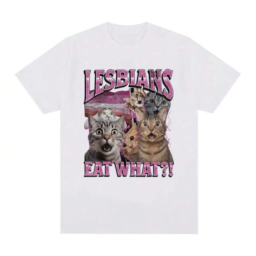 Refreshing Summer Esbians Eat What Funny Cat Lovers Meme Humor T Shirt Men's Women Fashion T-Shirt Casual Short Sleeve T-Shirts - 白色 - 查看 1
