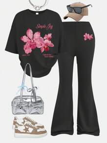 Conjunto de 2 piezas de pantalón acampanado con manga corta y estampado floral simple para adolescentes, conjunto de 2 piezas casual de verano para niñas