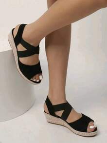 Peep-Toe Criss-Cross Jute Rope Wedge Heel Fashion Lightweight Women Shoes - Black - View 5