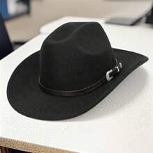 Men Women Cowgirl Hat Wide Brim Stylish Leather Belt Solid Western Cap For Beach Daily Life  Party - 黑色 - 查看 4
