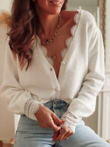 Women's V-Neck Long Sleeve Pullover Sweater, Delicate Contrast Lace And Button Front, Regular Length, Elegant Minimalist Casual Style, Suitable For Daily Wear, Autumn/Winter Knitwear - White - View 1