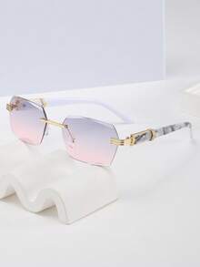 1pc Frameless Rectangular Fashion Glasses, Retro Style Suitable For Outdoor & Travel Use For Summer Beach Vacation,Outdoor,Travel Back To School Fashionable Preppy School Look - Gray Pink - View 1