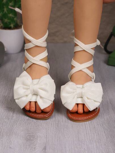 1 Pair White Girls' Sandals, New Bowknot Princess Shoes, Elastic Band Design, Soft Bottom Casual Beach Shoes, Essential For Summer