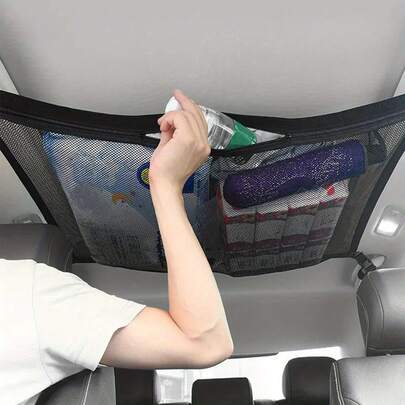 1pc Large Capacity Car Ceiling Storage Net - Durable Black Polyester Mesh With Multiple Compartments, Easy To Hang And Install, Suitable For All Vehicles, Portable Storage Bag For Travel And Outdoor Activities, Sturdy Structure
